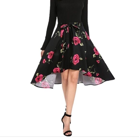 Touch me L Floral high low skirt pink stretch - Picture 1 of 7